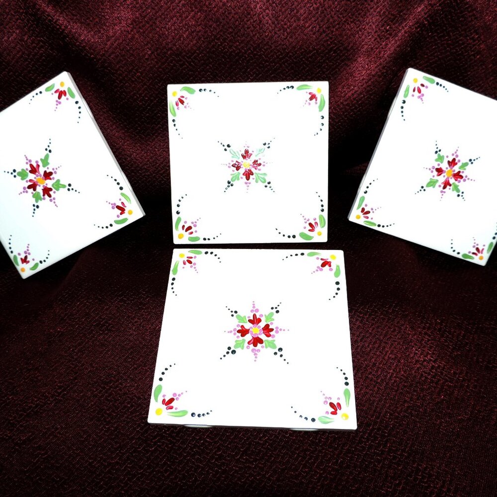 Set of 4 Hand Painted Floral Flower Tile Coasters NEW
